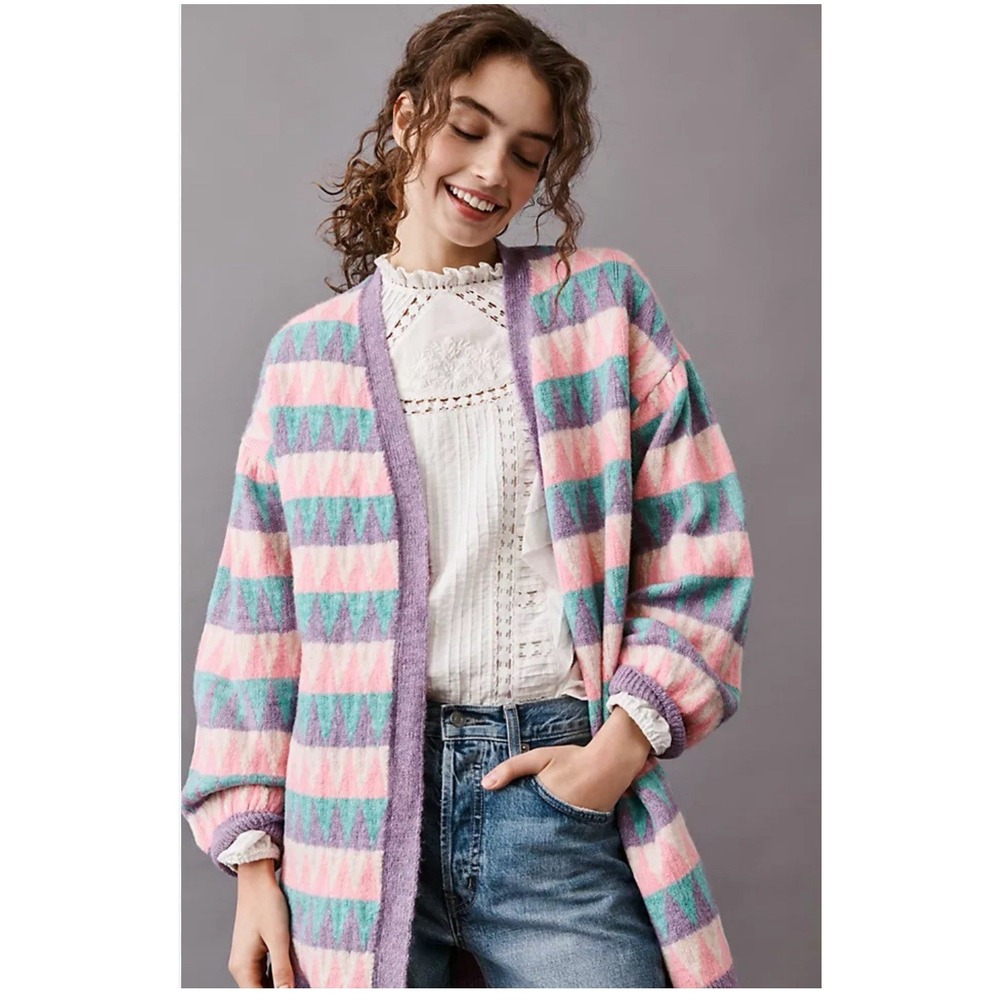 Anthropologie Maeve Alicia Argyle Long Cardigan Lg Open Sweater Pink Purple B15